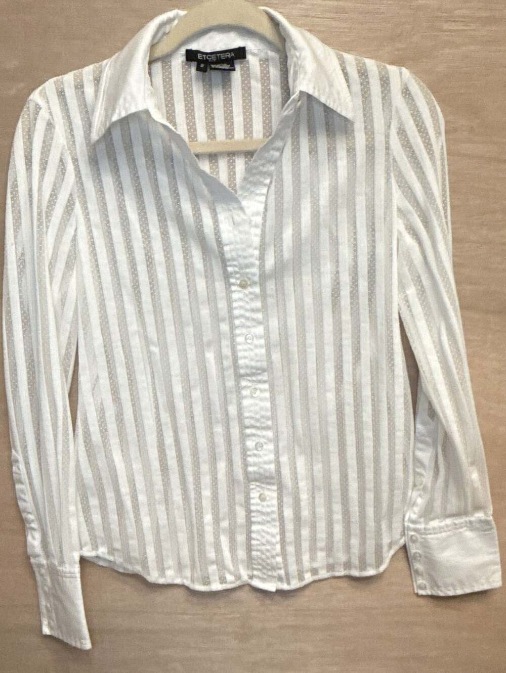 Etcetera Women's White Striped Sheer Button Down Long Sleeve Blouse Size 2